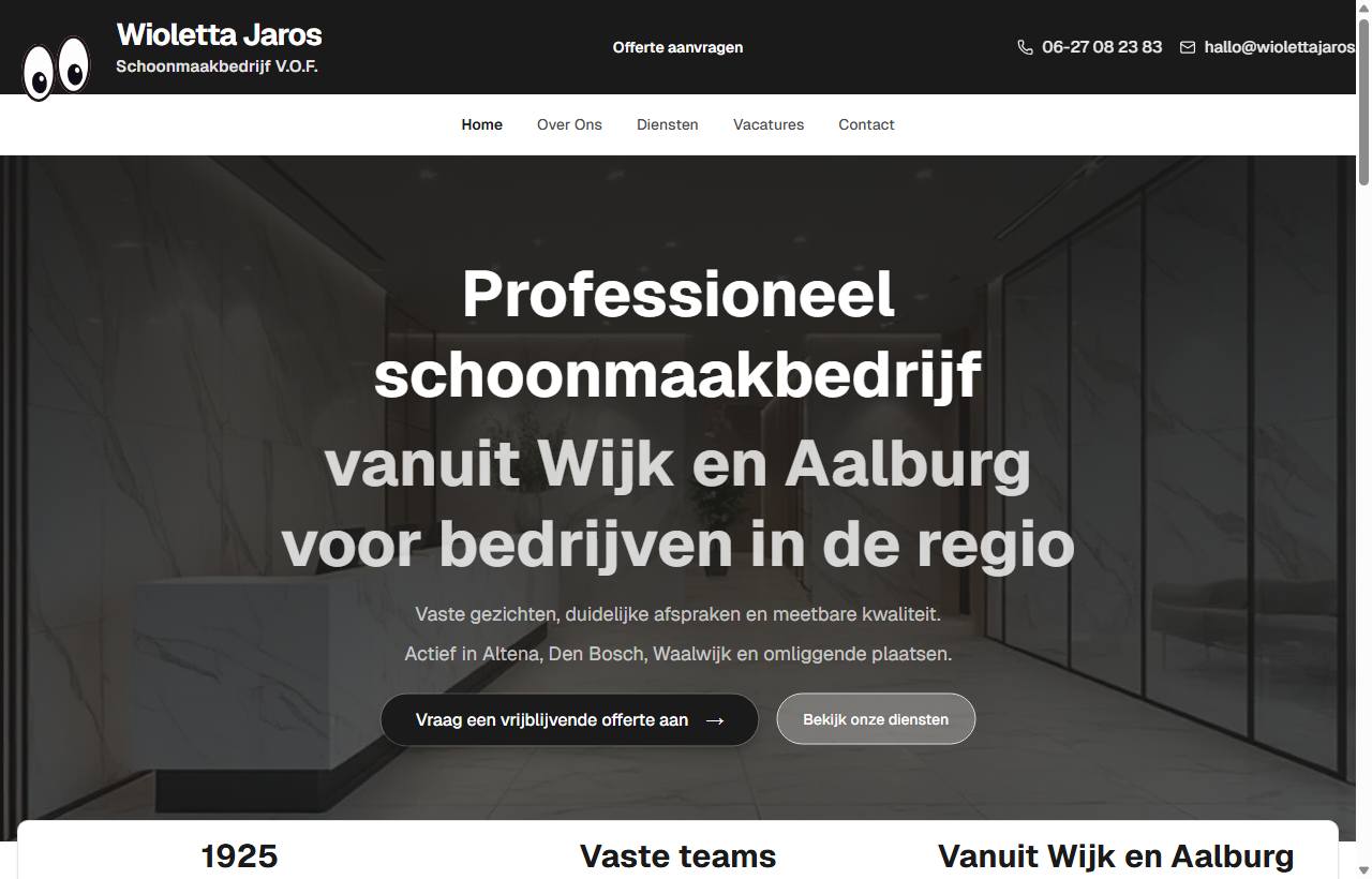 Screenshot van de homepage van Wioletta Jaros Schoonmaakbedrijf.